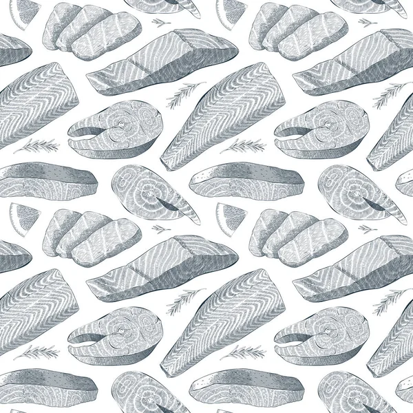 Salmon seafood pattern, ink realistic illustration of sea fish, salmon fillet, steak, detailed cooking ingredients , crosshatching art, seamless vector pattern — Vetor de Stock