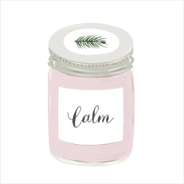 Cam kavanozda aromatik soya mumu, metal kapaklı, evde rahatlama ritüeli, İskandinav ev dekorasyonu, el yapımı vektör çizimi izole edilmiş.