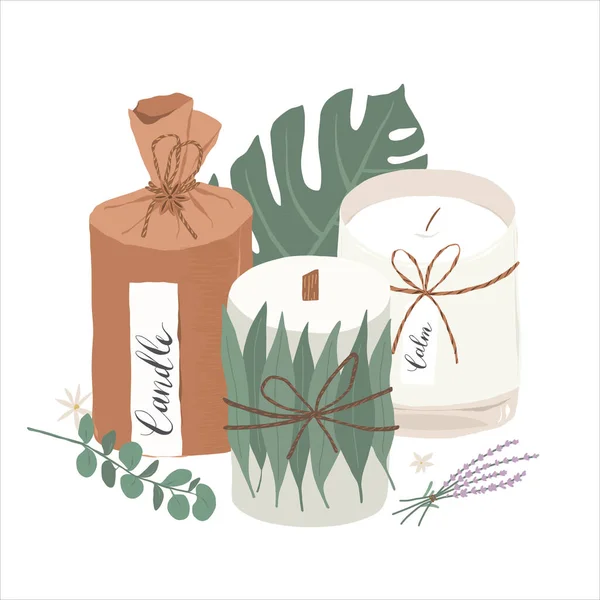 Geurkaarsen set, met de hand getekende vector illustratie, soja kaarsen versierd met monstera en eucalyptus bladeren, handgemaakte soja kaarsen, home aromatherapie — Stockvector