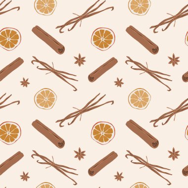 Baharat deseni, tarçın, vanilya ve kurutulmuş portakal dilimi, anason yıldızı çizimi, pürüzsüz arka plan, elle çizilmiş vektör çizimi, sıcak şarap çeşnisi.