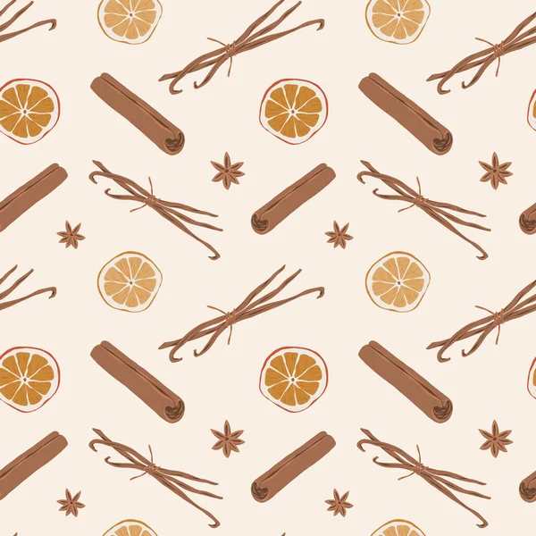 Baharat deseni, tarçın, vanilya ve kurutulmuş portakal dilimi, anason yıldızı çizimi, pürüzsüz arka plan, elle çizilmiş vektör çizimi, sıcak şarap çeşnisi.