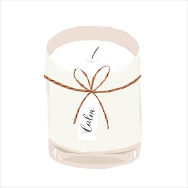 Modern kokulu mum, cam kavanozda kokulu soya mumu, ev aromaterapi rahatlama ritüeli, ev iç dekorasyonu, vektör illüstrasyonu izole edilmiş.