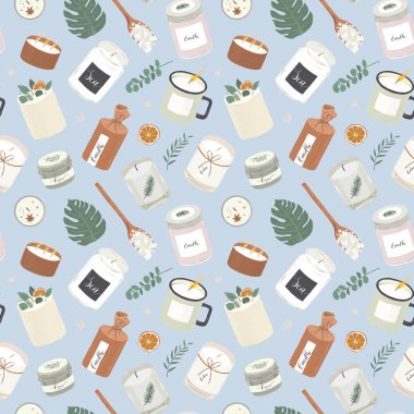 Modern kokulu mumlar, pürüzsüz desenler, doğal mumlar, çeşitli el yapımı tasarımlar, ev aromaterapisi, iç dekorasyon, el yapımı illüstrasyon, vektör arkaplan