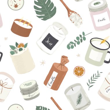 Çeşitli kokulu mumlar, kusursuz vektör deseni, doğal balmumu aromatik mumlar, çeşitli el yapımı tasarımlar, ev aromaterapisi, iç dekorasyon, el yapımı illüstrasyon.