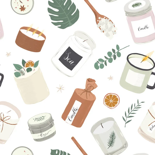 Çeşitli kokulu mumlar, kusursuz vektör deseni, doğal balmumu aromatik mumlar, çeşitli el yapımı tasarımlar, ev aromaterapisi, iç dekorasyon, el yapımı illüstrasyon.