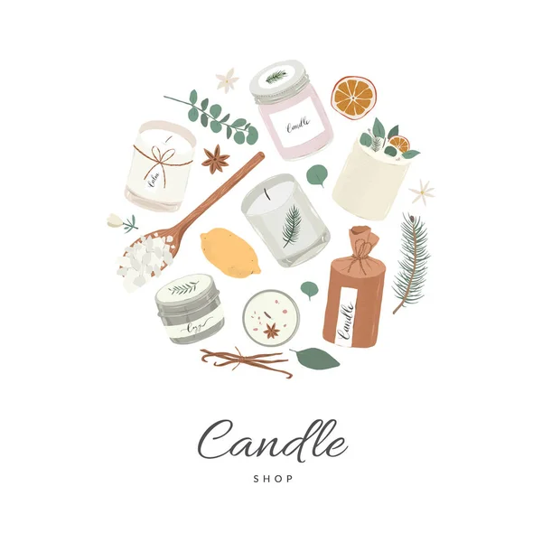 Card template with soy wax candles illustrations, vector banner with copy space, round composition, various scented candles, hand drawn modern illustration, aromatherapy poster — Διανυσματικό Αρχείο