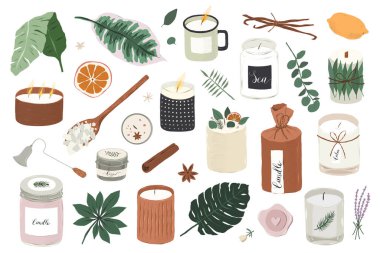 Various soy candles, different scented candles, natural soy wax aromatherapy, handmade candle with essential oils, handdrawn vector illustrations, isolated vector cliparts.