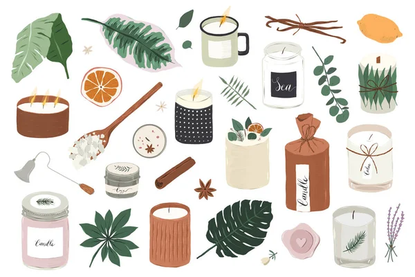 Various soy candles, different scented candles, natural soy wax aromatherapy, handmade candle with essential oils, handdrawn vector illustrations, isolated vector cliparts.