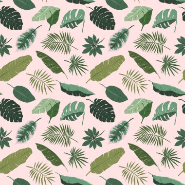 Tropical leaves pattern, monstera, palm tree and banana leaf illustration on pink background, botanical seamless repeat ornament, various jungle foliage, trendy print for textile