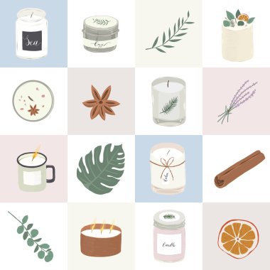 Poster with scented candles realistic illustrations, pop art mural with various soy candles, wall interior decoration for home or spa salon