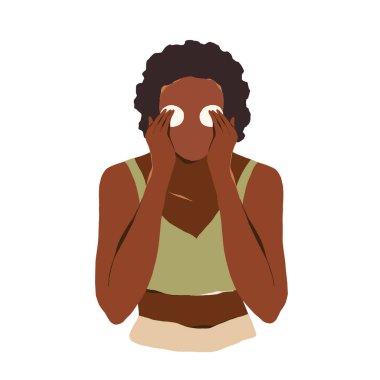 Pamuk pedlerle, vektör çizimleriyle, soyut kadın portresiyle, beyaz arka planda izole edilmiş vektör illüstrasyonuyla gözlerindeki makyajı temizleyen Afrikalı Amerikalı kadın.