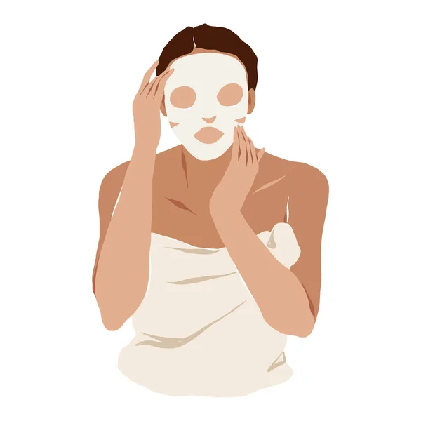 Woman applying moisturizing sheet mask on her face, anti aging skincare ritual, young beautiful female wearing bath towel putting on a face mask, vector cartoon illustration — Stock Vector