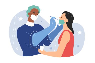 Kore 'deki test kabininde kovid testi için yürüyüş PCR testi, ekranda burun çubuğu ile numune toplama, vektör karikatür çizimi