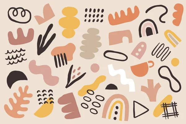 Çeşitli boho soyut şekiller koleksiyonu, minimalist bohem tarzı soyut çizimler, geometrik organik karalama şekilleri, çizgiler, daireler, noktalar