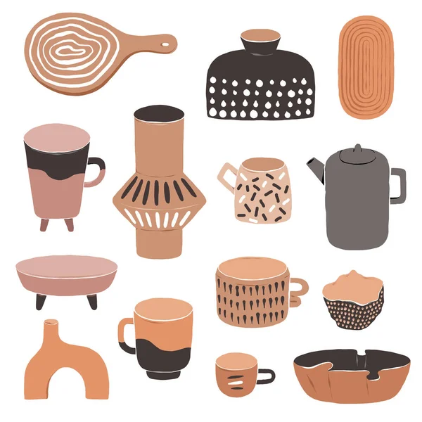 Vari vasi moderni in ceramica, ciotola in argilla e tazze, collezione di ceramiche moderne, disegno artigianale astratto, illustrazione vettoriale piatta set isolato su sfondo bianco — Vettoriale Stock