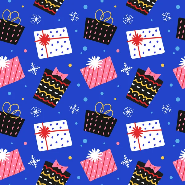 Kerst cadeaus patroon, geschenkdozen met ornamenten, groet of uitnodiging kaart, met de hand getekend illustratie, naadloos patroon, verpakking papier ontwerp — Stockvector