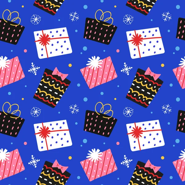 Christmas gifts pattern, gift boxes with ornaments, greeting or invitation card, hand drawn illustration, seamless pattern, wrapping paper design Stock Illustration