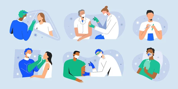 Covid characters, vaccine shot, people get vaccinated, tested for coronavirus, rapid PCR test, patient with pneumonia, vector cartoon illustration Royalty Free Stock Illustrations
