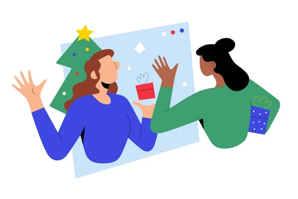 Kerst videogesprek, vrouwen zwaaien handen, vrienden vieren Kerstmis samen uitwisselen van geschenken online met behulp van video conferentie, vector illustratie — Stockvector