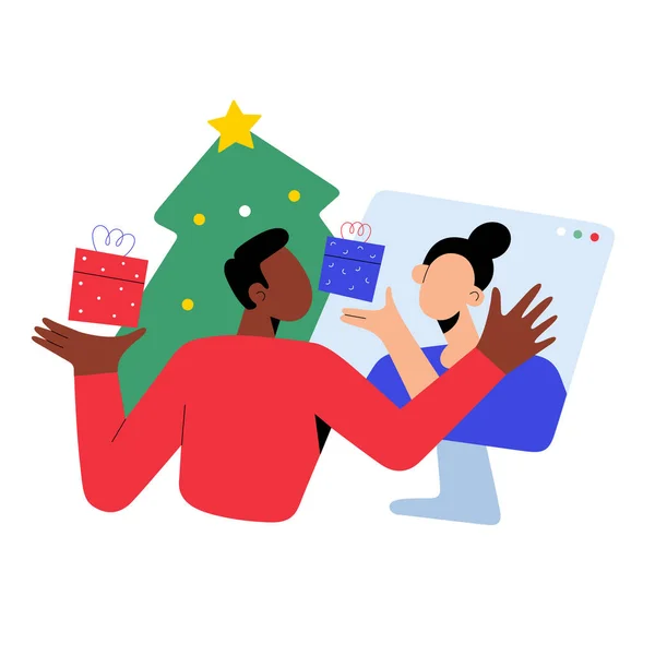 Kerst videogesprek, Jonge paar vieren Kerstavond afstand, met behulp van video conferentie, het uitwisselen van geschenken, vector cartoon illustratie — Stockvector