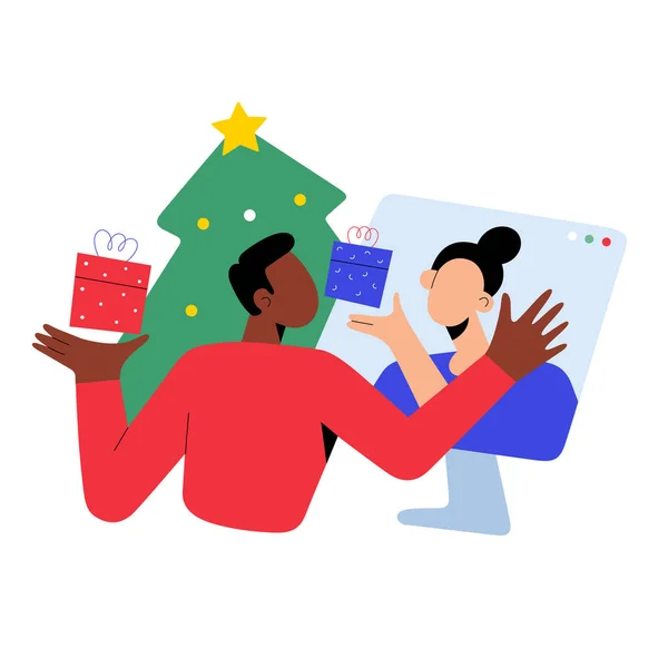 Videollamada de Navidad, Pareja joven celebrando la víspera de Navidad a distancia, usando videoconferencia, intercambiando regalos, ilustración de dibujos animados vectoriales — Vector de stock