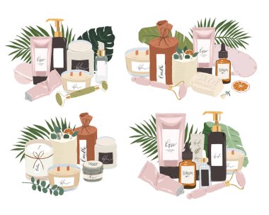 Çeşitli cilt bakımı, 3 adım cilt bakımı, güzellik ürünleri, yeşim masör, vitamin serumu, aromatik mumlar, kişisel bakım konsepti.