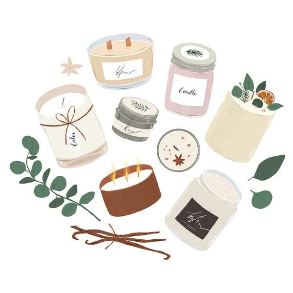 Various scented candles, burning aromatic candles in glass, aluminum jars, home aromatherapy. home interior decoration, Flat vector illustration. Vector Graphics