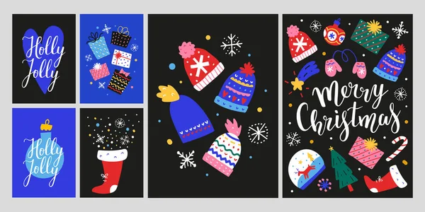 2021 Christmas card collection, scandinavian postcard with illustrations of christmas gift, noel invitations with lettering, new year posters Stock Illustration