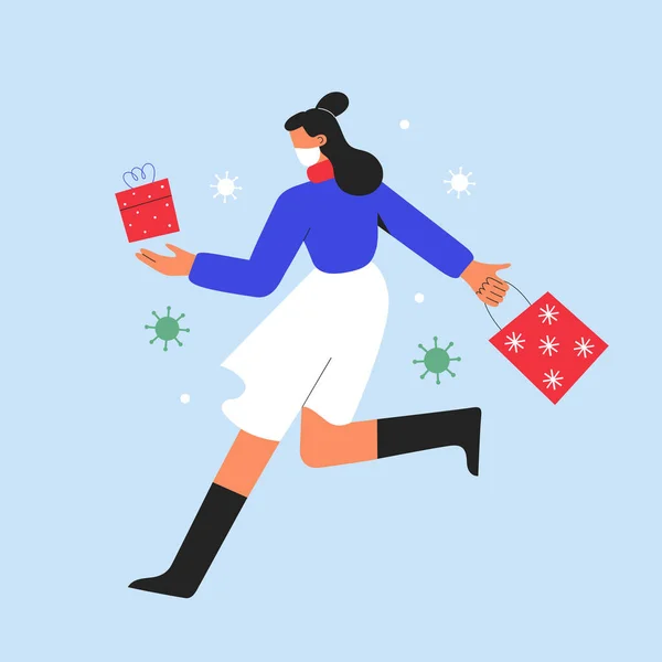 Kerst winkelen, vrouw met boodschappentassen haasten zich in om kerstcadeaus te kopen dragen beschermende gezichtsmasker tegen covid, vector illustratie — Stockvector