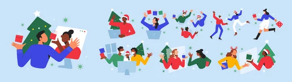 Social distancing on Christmas, people celebrating Christmas eve separated, making video calls, online party, wearing face masks, vector illustrations Royalty Free Stock Illustrations