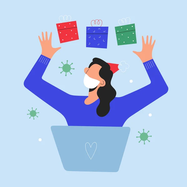 Karácsonyi vásárlás online, nő használja laptop rendelni karácsonyi ajándékok a család, a szállítási szolgáltatás során covid pandemic, vektor illusztráció — Stock Vector