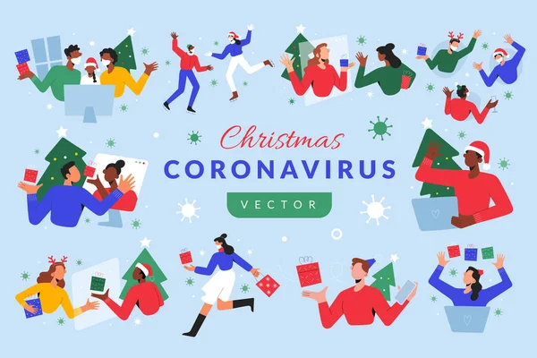 Crăciun Covid, oameni care sărbătoresc la distanță, făcând apeluri video în ajunul Crăciunului, făcând cumpărături, purtând măști de față, făcând petreceri online — Vector de stoc