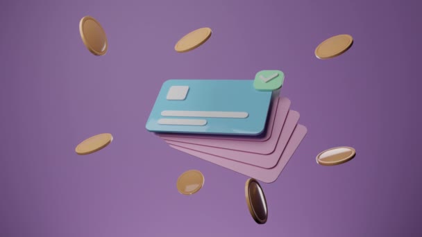 クレジットカードや銀行券 紫色の背景にコインが浮かんでいます お金を節約しキャッシュレス社会の概念です 3Dレンダリング — ストック動画