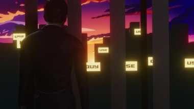 Tüketim distopyasına bakan bir adamın 3 boyutlu animasyonu