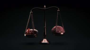 Bir tarafta insan kalbi, diğer tarafta beyin, duygu, mantık, sezgi ve rasyonel karar verme arasındaki çatışmayı sembolize eden bir klasik ölçekte sinematik 4K döngü..