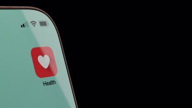 SağIık uygulaması olarak uçan akıllı telefonun 3 boyutlu animasyonu yüzen sağlık elemanlarını açar ve serbest bırakır. Fitness izleme, sağlıklı yaşam tarzı ve dijital sağlık kavramı. Alfa kanalı.