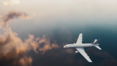 3D animasyon, temiz bir gökyüzünde uçan beyaz yolcu uçağı, izleme çekimi etkisi için çerçeve merkezli bir konum sürdürüyor.