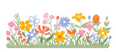 Yatay çiçek sınırı. Arka plan botanik sınır renkli çiçekler ve yapraklar. Yabani çiçekler, bahçe bitkisi posteri ve davetiye çerçevesi. Basit bahar çiçekli bayrak.