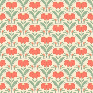 Şeftali çiçekleri ve yeşil yapraklı zarif çiçek deseni dekoratif tasarım için açık sarı arka planda simetrik olarak sıralanmış.