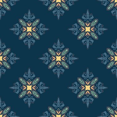 Yumuşak pastel renklerde karmaşık detaylarla güzel geometrik desenler. Koyu mavi arkaplan, doğadan esinlenilmiş kusursuz bir tasarım sergiliyor.