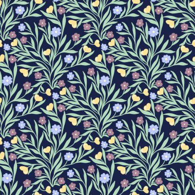 Koyu arkaplanda yaprakları ve çiçekleri olan çiçek deseni çeşitli şekil ve renkleri sergiliyor.