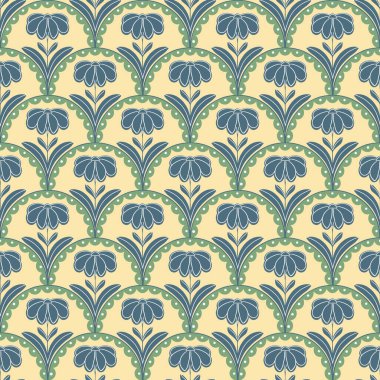 Dekoratif desen dizaynı mavi, yeşil ve sarı renkler, kumaş veya duvar kağıdı arkaplanı için oluşturuldu