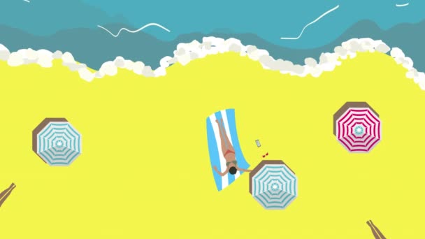 Draufsicht Strand Hintergrund Mit Sonnenschirmen Frau Handy Und Meer Luftaufnahme — Stockvideo