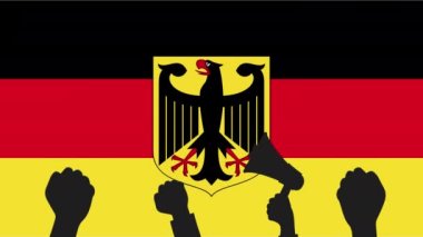 Almanya 'da protesto. Arkaplan olarak Almanya bayrağı. Yavaş çekimde Deutschland bayrağı rüzgarın gerçekçi 4K klibinde dalgalanıyor. Almanya Federal Cumhuriyeti.