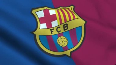 Seattle, Washington, ABD - 09 Aralık 2020: FCB Barcelona logosu ile dalgalanan bayrağı kapatın, kusursuz döngü, beyaz zemin. Editör animasyonu. 4K video