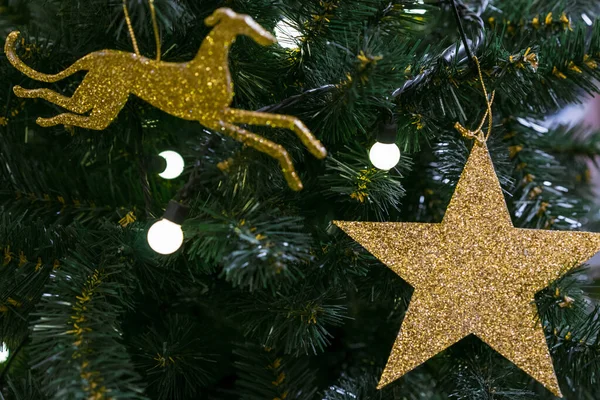 Kerst Achtergrond Kerstboom Takken Cadeau Ballen Sterren — Stockfoto