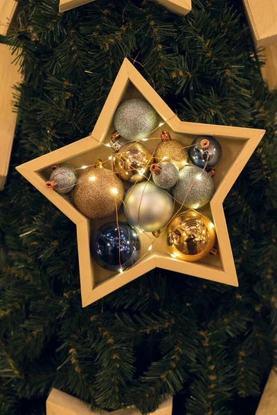 Fondo Navidad Ramas Árbol Navidad Regalo Bolas Estrellas —  Fotos de Stock