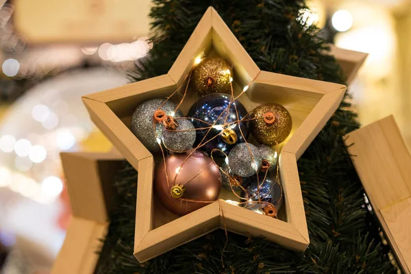 Kerst Achtergrond Kerstboom Takken Cadeau Ballen Sterren — Stockfoto
