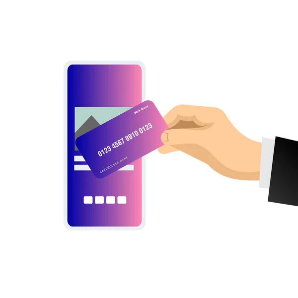 Zamknij rękę klienta płacącego kartą kredytową bezdotykową przez smartfona. Technologia bezgotówkowa, finanse i bankowość. ilustracja wektora. — Wektor stockowy