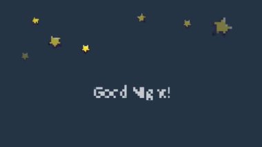 Sarı yanıp sönen yıldızlarla iyi geceler. Koyu arkaplanda beyaz bir ifade var. Kart, pankart tasarımı. 4k hareket döngüsü.